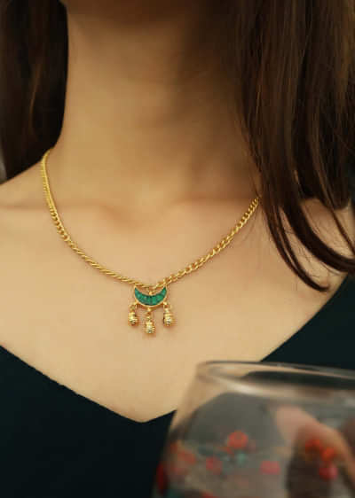 Gold Plated Necklace With Green Crescent Pendant With Dangling Ghungroos