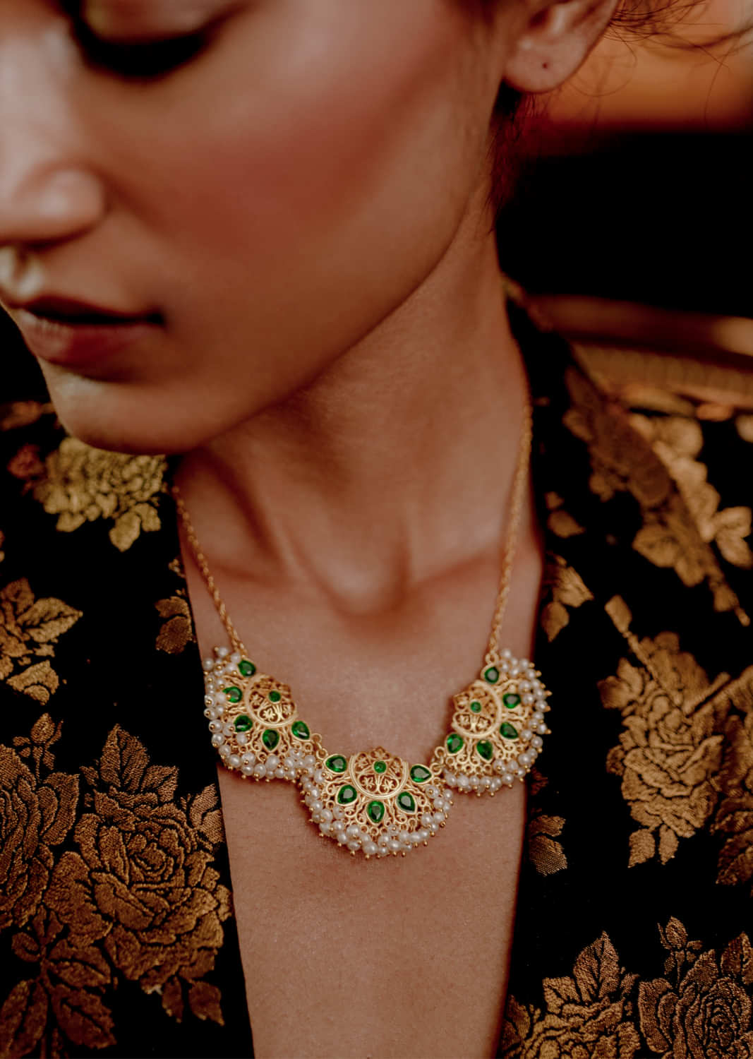 Gold Plated Necklace With Intricate Filigree Studded In Green Cz By Zariin