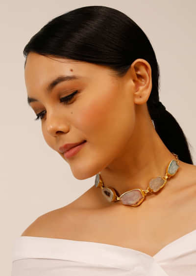 Gold Plated Necklace With Multi Colored Semi Precious Uncut Stones 