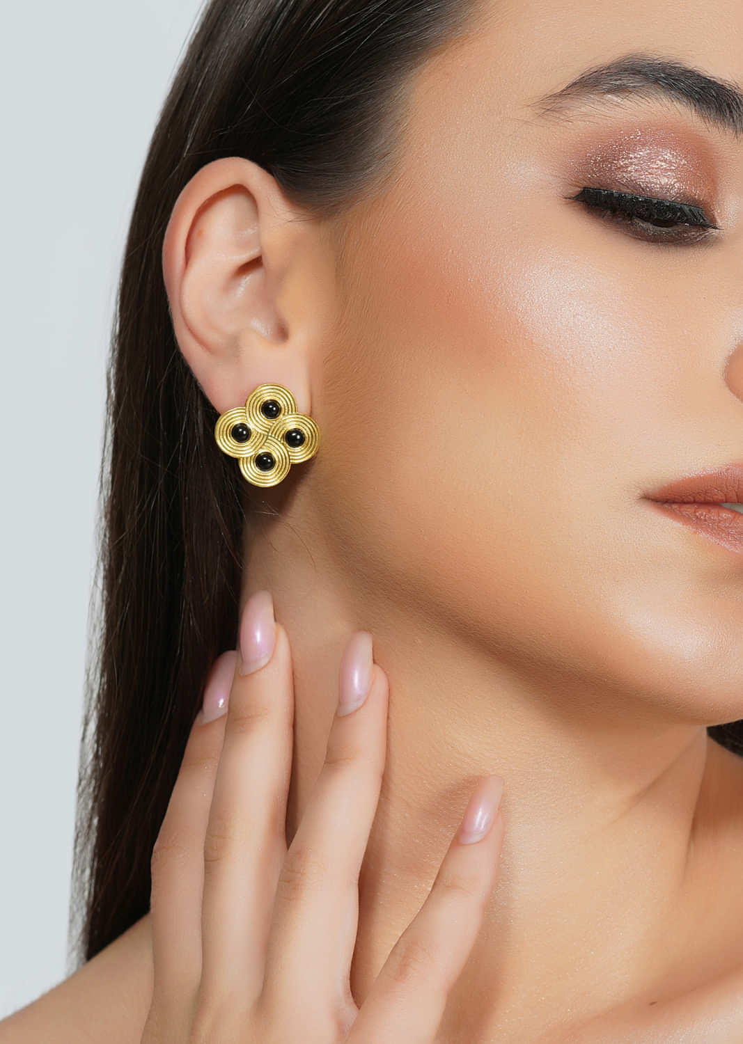 Gold Plated Stud Earrings Embellished With Black Onyx Stones