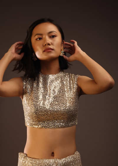 Gold Sequins Sleeveless Blouse With A Round Neckline
