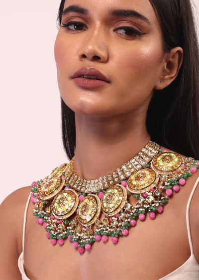 Kundan Bridal Necklace With Pink And Green Minakari And Bead Fringes