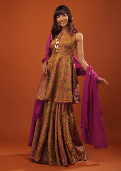 Gold Yellow Banarasi Brocade Peplum Sharara Suit With Woven Floral Motifs And Tassel Detailing