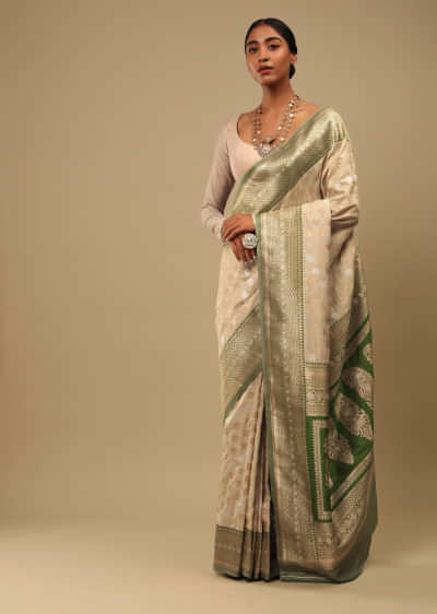 Golden Beige Saree In Art Handloom Silk With Green Woven Border And Two Toned Buttis Along With Unstitched Blouse  