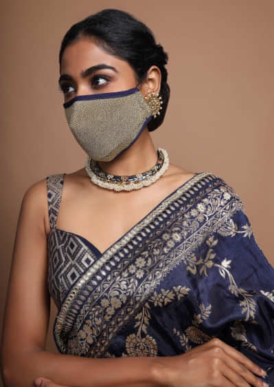 Golden Face Mask In Embroidered Mesh Fabric With Navy Blue Piping Online - Kalki Fashion 