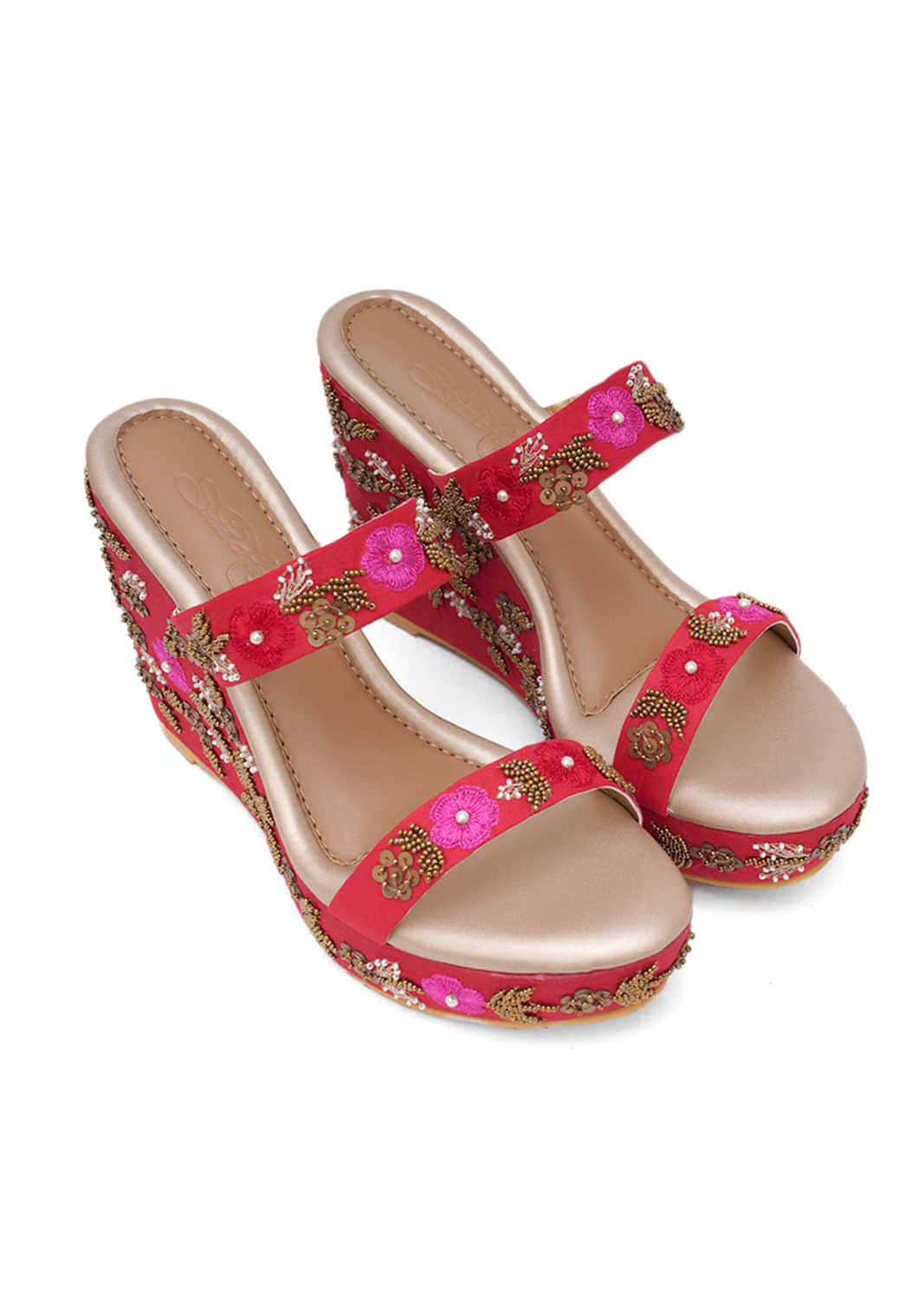 Golden Double Strap Wedges With Hand Embroidered Flowers With Cut Dana