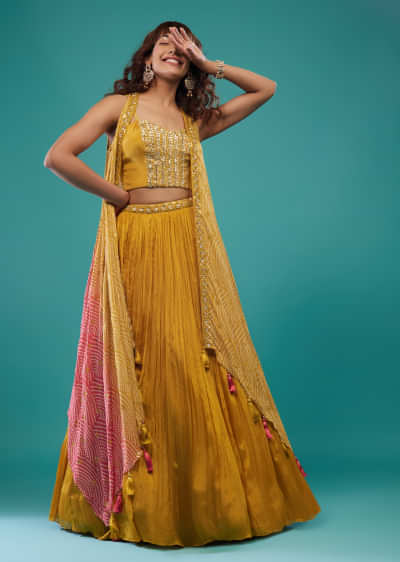 Amber Yellow Embroidered Skirt Crop-Top Set In Chinon