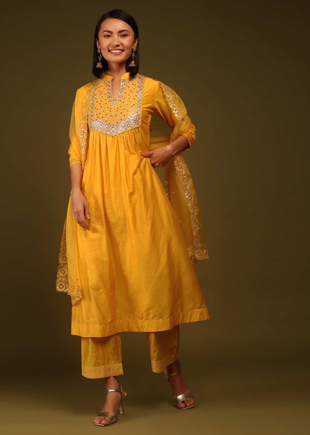 Goldenrod Mirror Work A-Line Kurta Set In Cotton Silk With Matching Dupatta And Pants