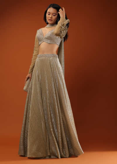 Gothic Olive Lehenga And A Crop Top Set In Shimmer Crush, Crop Top Comesi In Full Sleeves With  Afrill On The Top