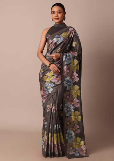 Graceful Grey Saree With Exquisite Thread Resham Work