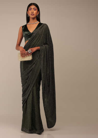 Grape Leaf Saree In Stone Embellishment, Crafted In Satin With Scattered Stones In Geometric Design