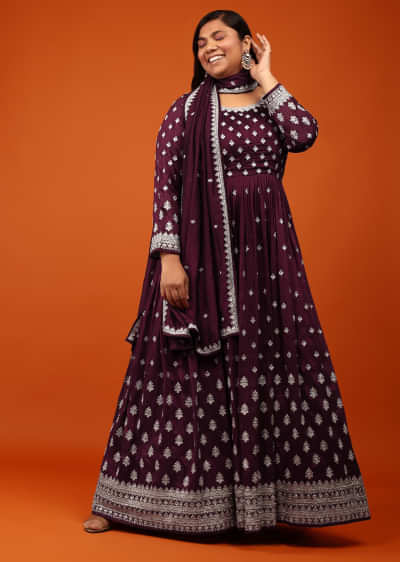 Grape Wine Anarkali Suit In Georgette With Embroidery In Zari And Stone Embellishment