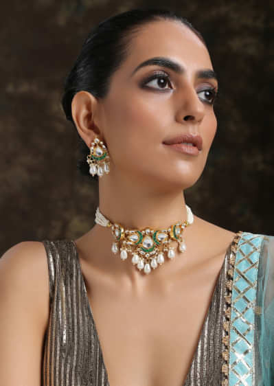 Green And Gold Choker Necklace And Earrings Set Highlighted With Kundan And Shell Pearls By Paisley Pop