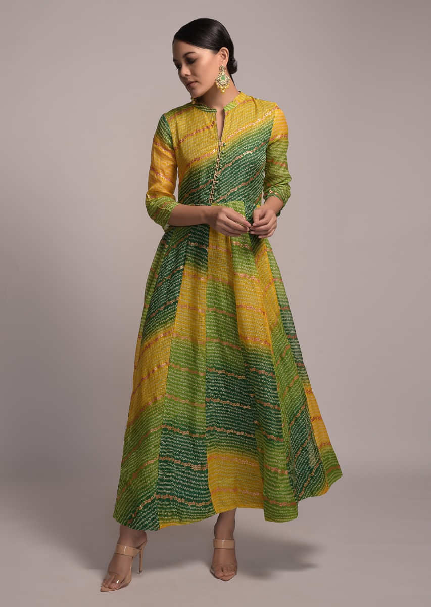 Green And Yellow Shaded Anarkali Tunic With Bandhani And Foil Print  