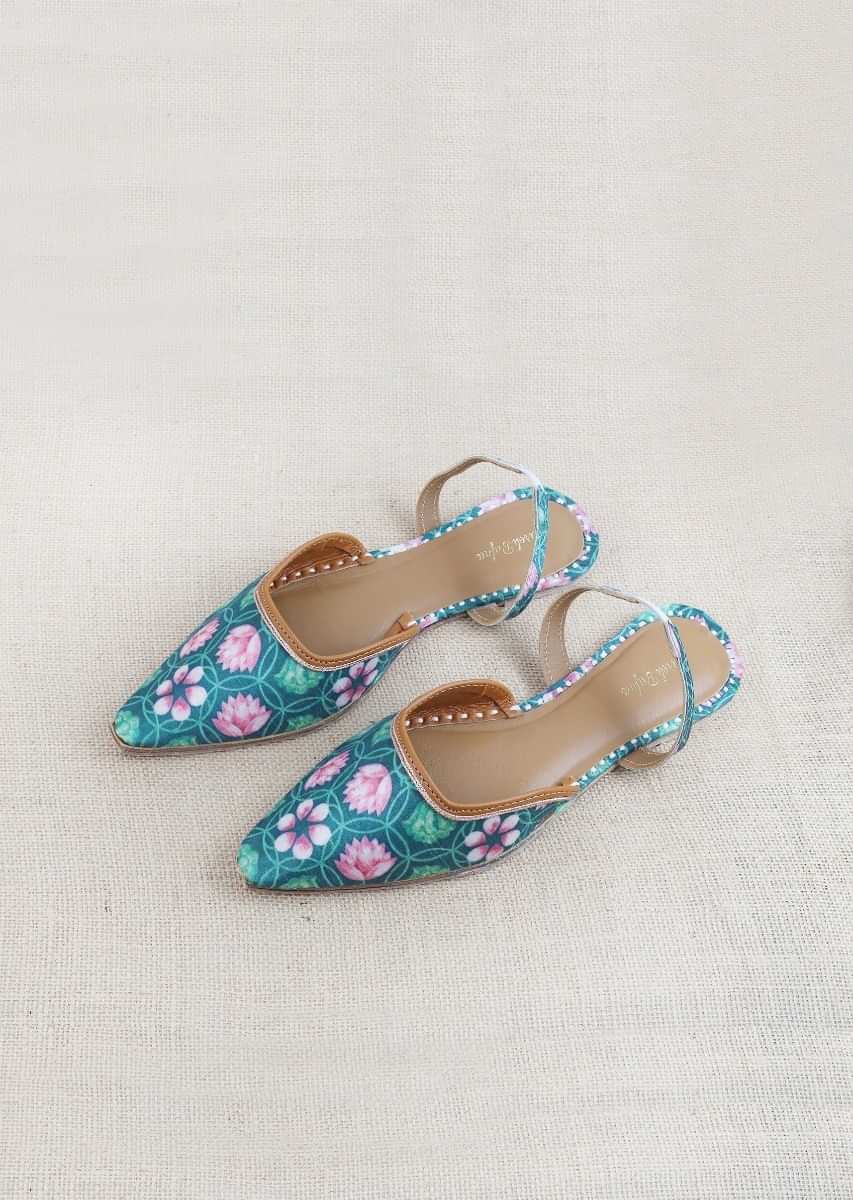 Green Mules With Back Strap Featuring Kamal Print And Braided Rose Gold Zari By Vareli Bafna