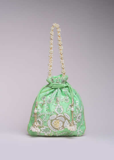 Green Potli Bag In Raw Silk With Moti Embroidery In Rose Motif And Floral Design