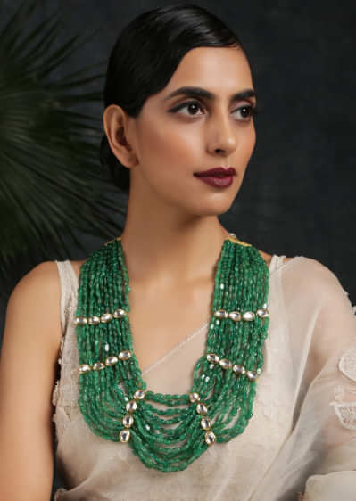 Green Stone Necklace With Multiple Strands Held Together With Gold Plated Kundan Highlights By Paisley Pop