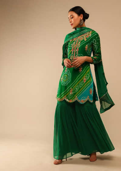 Green And Blue Shaded Sharara Suit In Georgette With Bandhani Print And Gotta Embroidery  