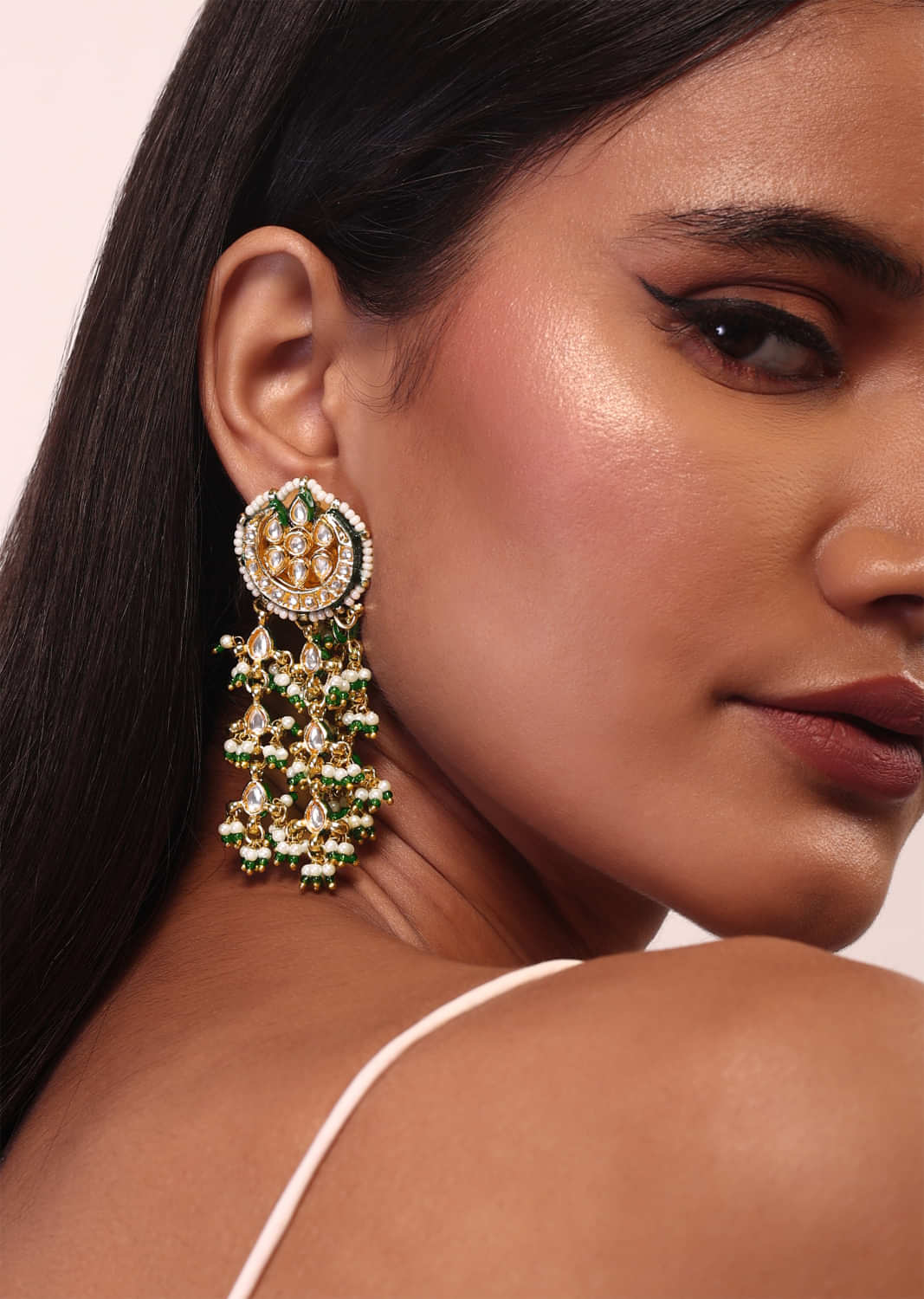 Green And Gold Toned Kundan Earrings