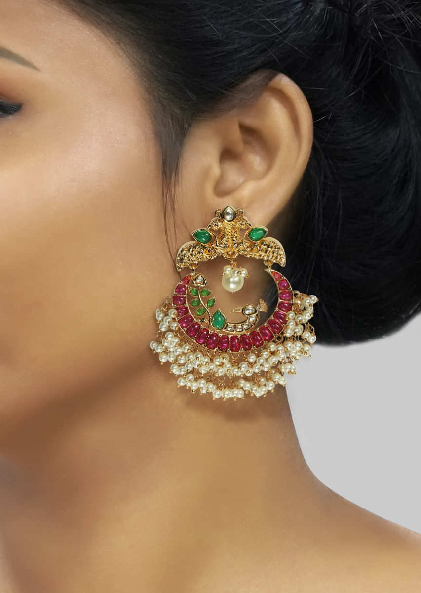 Green And Red Pota Stones Studded Chandbali With Faux Pearls By Tizora