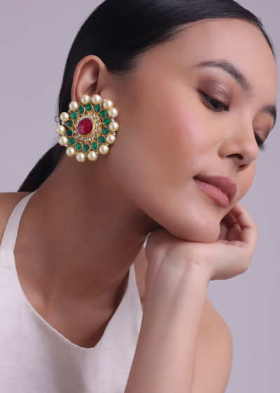 Green And Red Tone Kundan Earrings With Pearls