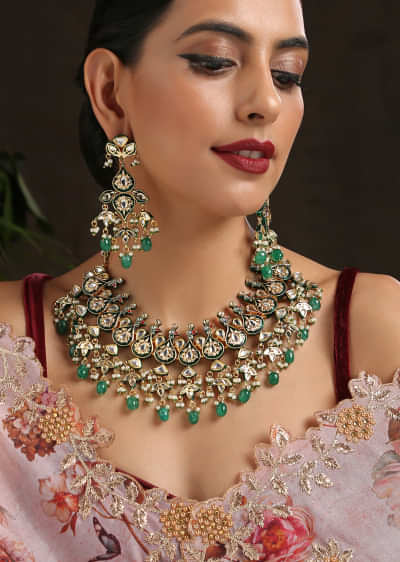 Green Collar Necklace And Earrings Set Inspired From Peacocks With Kundan And Stones By Paisley Pop