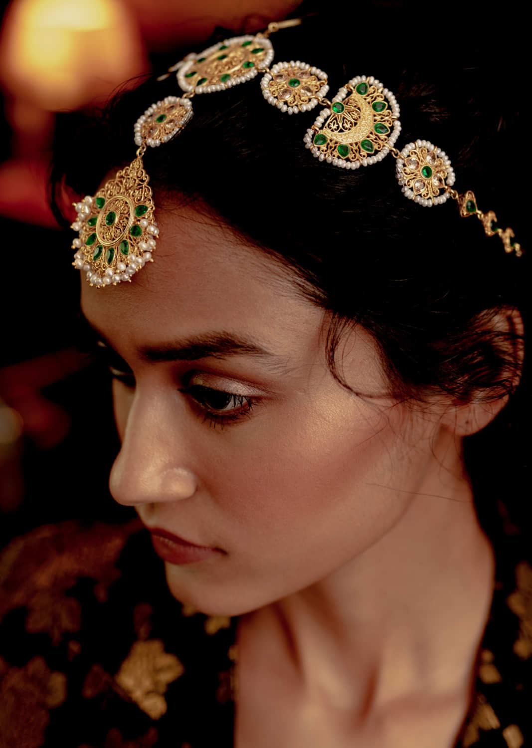 Green Cz Matha Patti Inspired From Mughal Arches With Green Onyx And Dreamy Pearls By Zariin