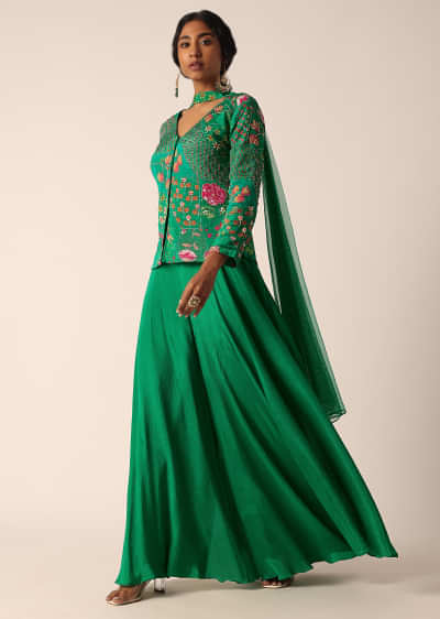 Green Embroidered Palazzo Set With Floral Motif Work