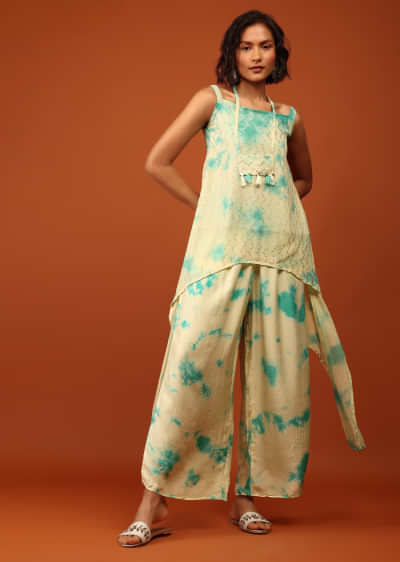 Green Essence And Bright Aqua Tie Dye Print Top & Bottom Embellished In Georgette