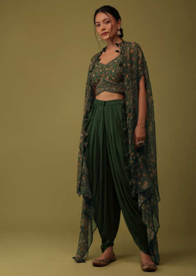 Green Floral Embroidered Crop Top And Jacket Set In Satin With Dhoti