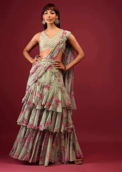 Green Floral Print Pleated Lehenga Saree In Layered Frill Pattern With An Embellished Blouse