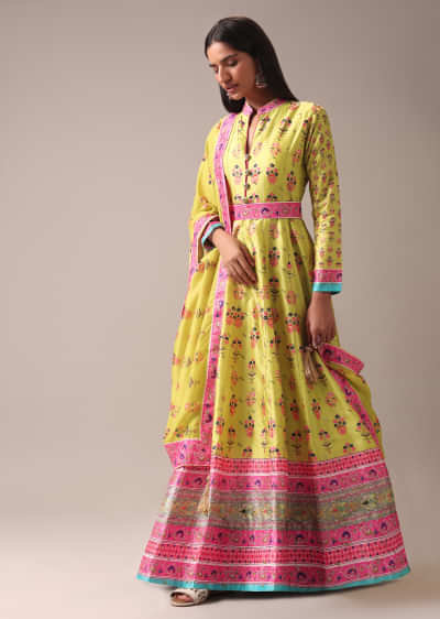 Green Floral Printed Anarkali Suit Set In Tussar Silk