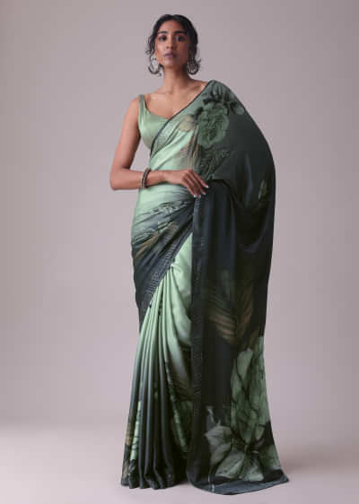 Green Gables Satin Printed Saree With Swarovski Embellishment