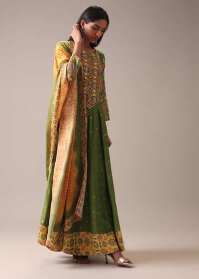 Green Indie Print Anarkali Suit Set In Art Silk
