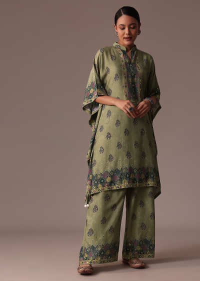 Green Kaftan Sequins Silk Co Ord Set