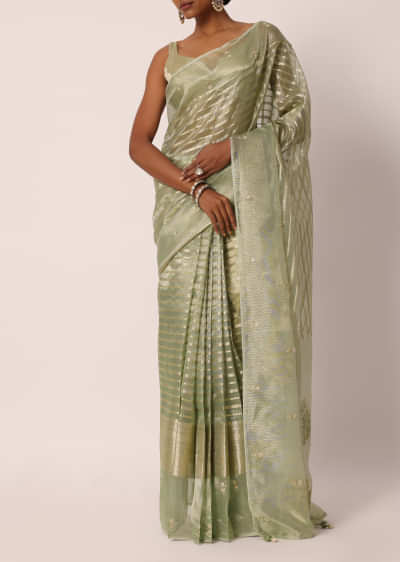 Green Kora Silk Saree With Embroidered Zari Stripes And Unstitched Blouse Fabric