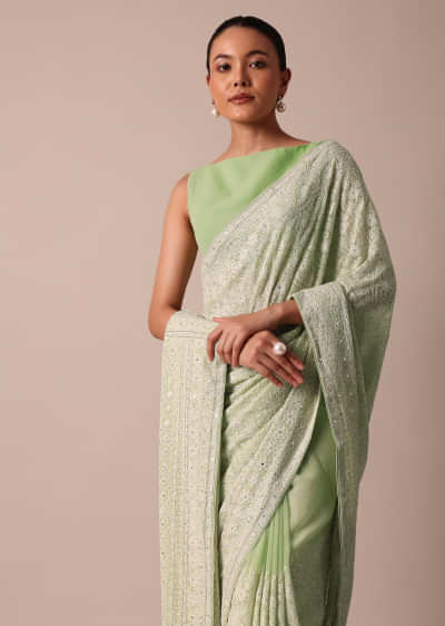 Green Lucknowi Chikankari Sequin Saree In Georgette With Unstitched Blouse Piece