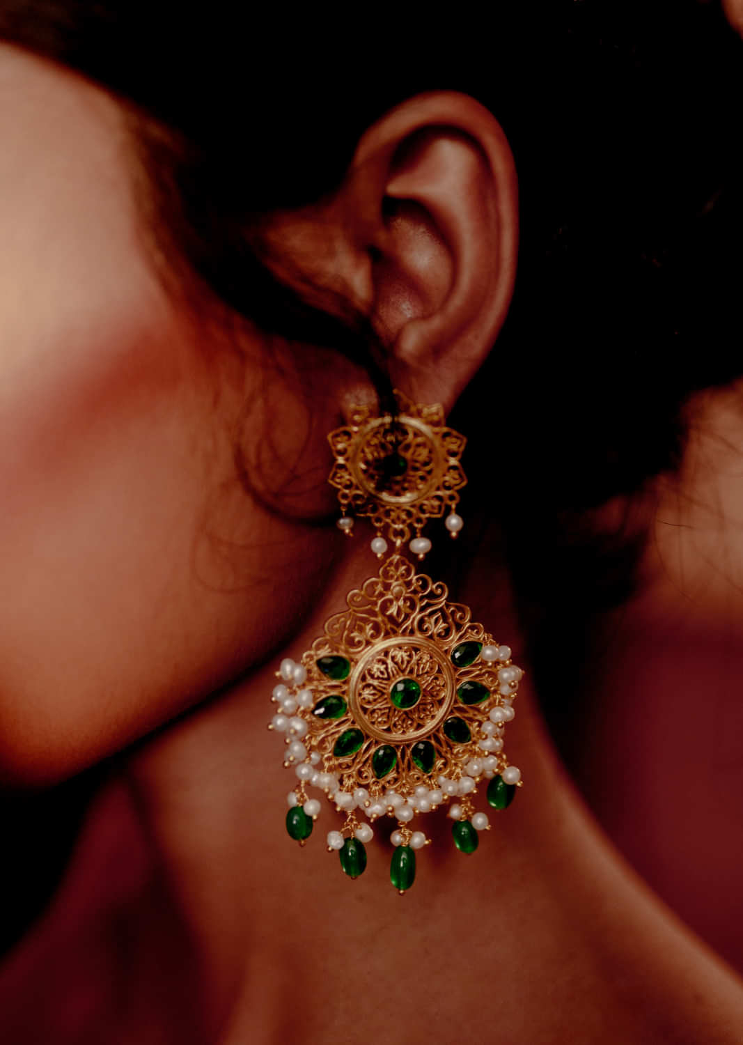 Green Petal Shaped Earrings With Cz Stones, Green Onyx And Pearls By Zariin