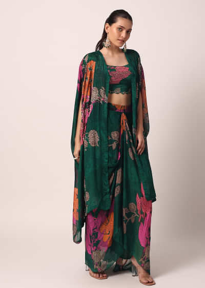 Bottle Green Floral Printed Embroidered Crop Top With Dhoti Skirt And Jacket Set