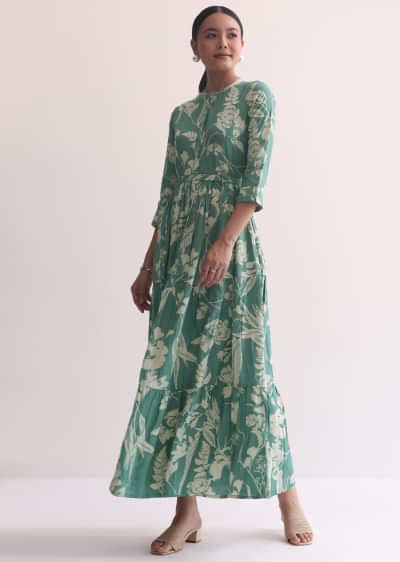 Green Printed Indogown With Belt
