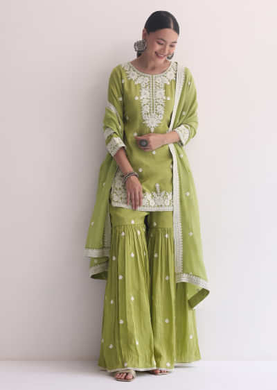 Green Resham Sharara Set In Organza With Sequin Embroidered