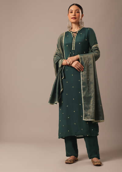 Green Sequin Embellished Kurta Set With Hand Embroidery