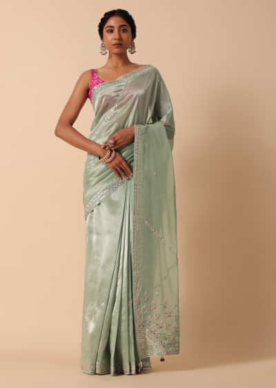 Green Silk Embroidered Saree Set With Unstitched Blouse Piece