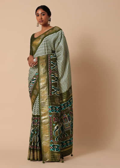 Green Silk Printed Saree With Patola Detail And Unstitched Blouse Piece