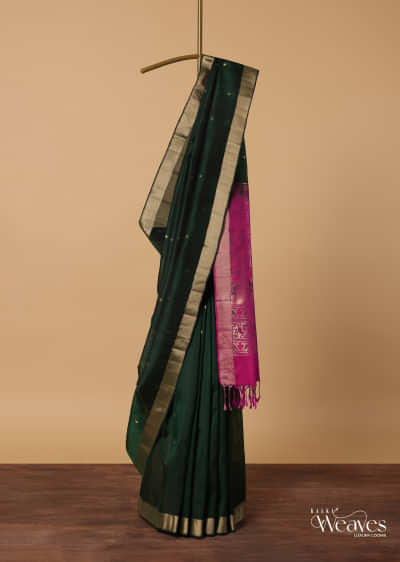 Green Silk Woven Saree With Contrast Pallu And Unstitched Blouse Piece