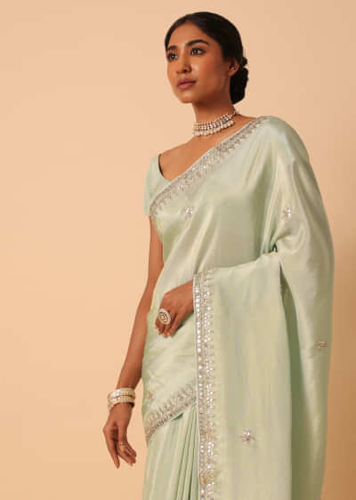 Green Tissue Silk Saree With Gota Patti Work And Unstitched Blouse Piece