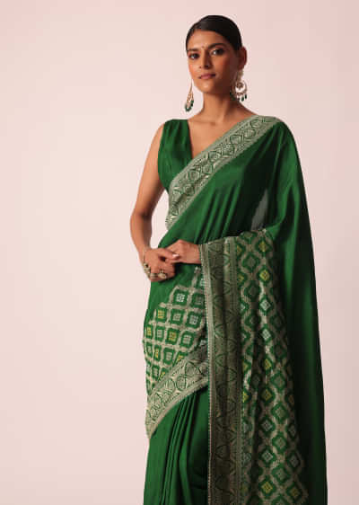 Buy Green Bandhani Silk Saree With Gota Work And Unstitched Blouse Piece  Kalki Fashion India