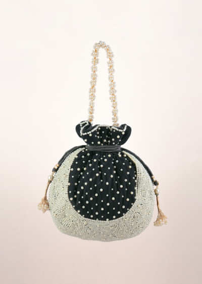 Grey Potli Bag In Velvet With Moti Work In Crescent Design Along The Edge And Scattered In The Centre By Shubham