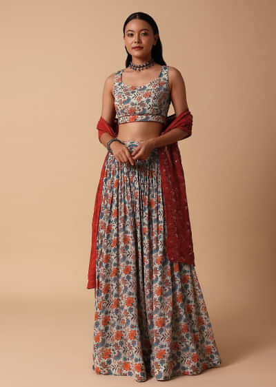 Grey And Red Floral Lehenga With Embroidered Choli And Dupatta