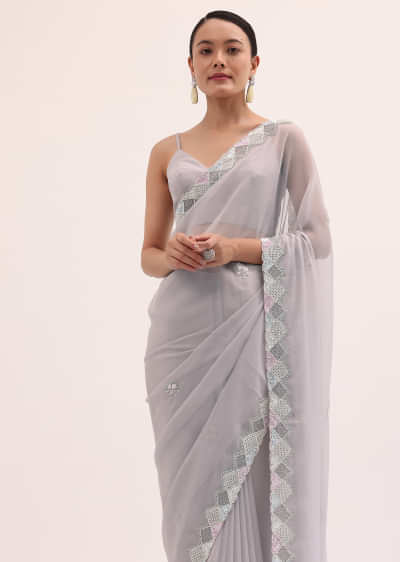 Grey Embroidered Chiffon Saree With Unstitched Blouse